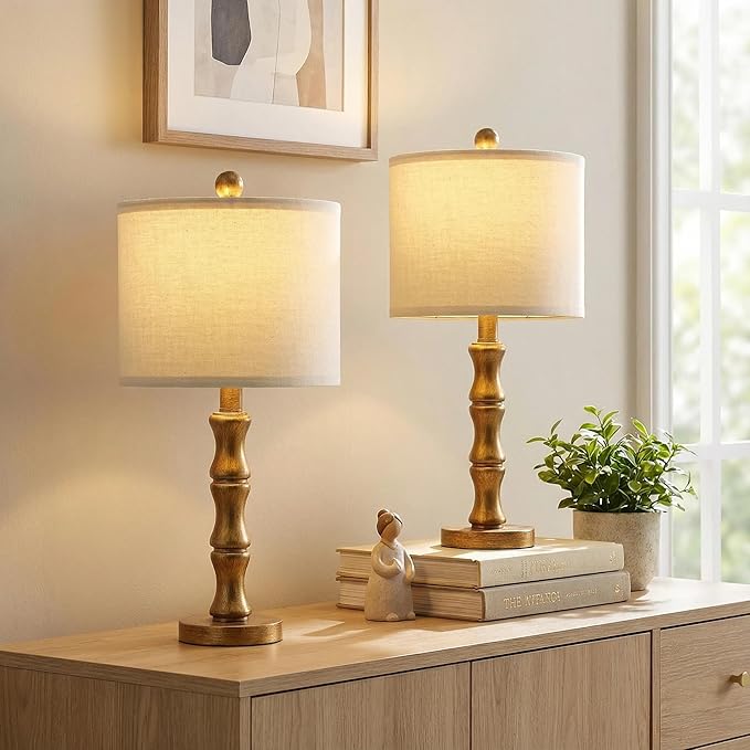 BOBOMOMO 20.5" Vintage Nightstand Lamps Set of 2, Farmhouse Table Lamps with Antique Gold Resin Base & Linen Shade, Small Bedside Lamp for Bedroom, Living Room, Office & Elegant Home Décor