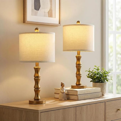 BOBOMOMO 20.5" Vintage Nightstand Lamps Set of 2, Farmhouse Table Lamps with Antique Gold Resin Base & Linen Shade, Small Bedside Lamp for Bedroom, Living Room, Office & Elegant Home Décor
