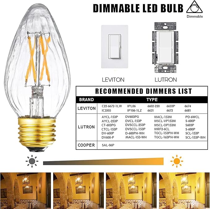 Leools Dimmable E26 led Bulb 6W Equal 60 watt Vintage LED Edison Bulb AC120V 3000K Soft White F15 LED Bulb for Ceiling Fan Light Bulbs,Pendant Bulb and Chandeliers Light Bulb 600LM Clear Medium 6Pack