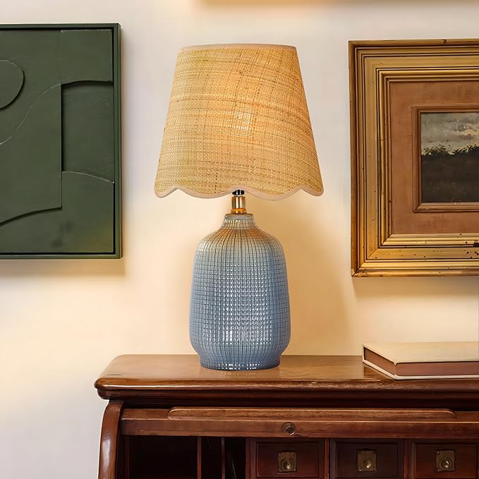 19" Boho Ceramic Table Lamp, Handmade Ceramic Base with Rattan Shade, Farmhouse Plug-in Bedside Nightstand Lamps for Bedroom, Living Room, E26 Socket, Navy Blue