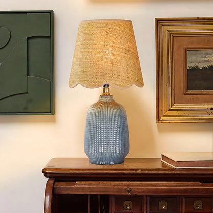 19" Boho Ceramic Table Lamp, Handmade Ceramic Base with Rattan Shade, Farmhouse Plug-in Bedside Nightstand Lamps for Bedroom, Living Room, E26 Socket, Navy Blue