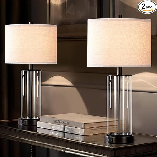 Kyrid 23.5'' Glass Table Lamp Set of 2 for Living Room with USB Ports and AC Outlets(Bulbs Included)