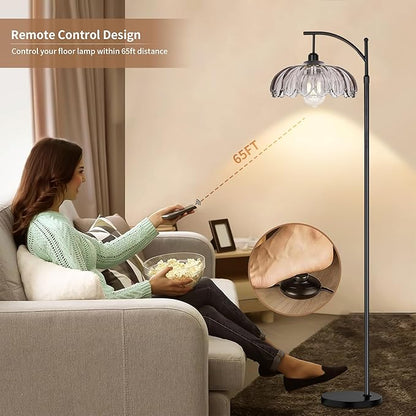 Arc Floor Lamps for Living Room with Remote,Black Dimmable Floor Lamp with Gray Glass Shade,Unique Vintage Flower Standing Tall Lamp,Modern Mid Century Floor Lamps for Bedroom Office Corner