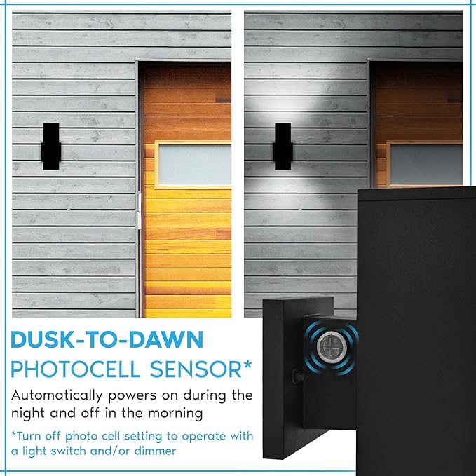 LUXRITE Dusk to Dawn LED Modern Outdoor Wall Light, 10", Up or Up and Down Light, 3CCT 3000K-5000K, Waterproof Square Wall Sconce, 15/20/24W, Dimmable, IP65, ETL, Black - Exterior Porch Patio Garage
