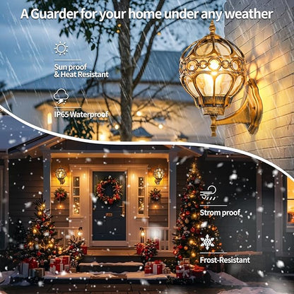 Globe Outdoor Wall Lights with Dusk to Dawn Sensor,Waterproof Gold Sphere Outside Wall Light Fixtures, Anti-Rust Exterior Aluminum Round Porch Lights for Patio Porch Backyard Garage，Large