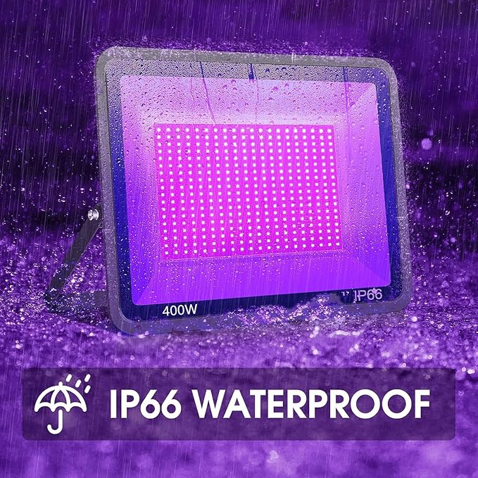 2 Pack 400W LED Black Lights Outdoor, 395nm to 410nm Flood Blacklight Light with Plug, IP66 Waterproof for Dance Party, Glow in The Dark, Stage Lighting, Body Paint, Fluorescent Poster, Neon Glow