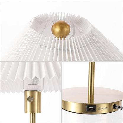 JONATHAN Y JYL1149A 21.25" Modern Glam Metal Table Lamp with USB Charging Port, Brass Gold Bedside Lamp for Bedroom, Living Room, Minimalist Desk Lamp with White Pleated Shade, LED Bulb Included
