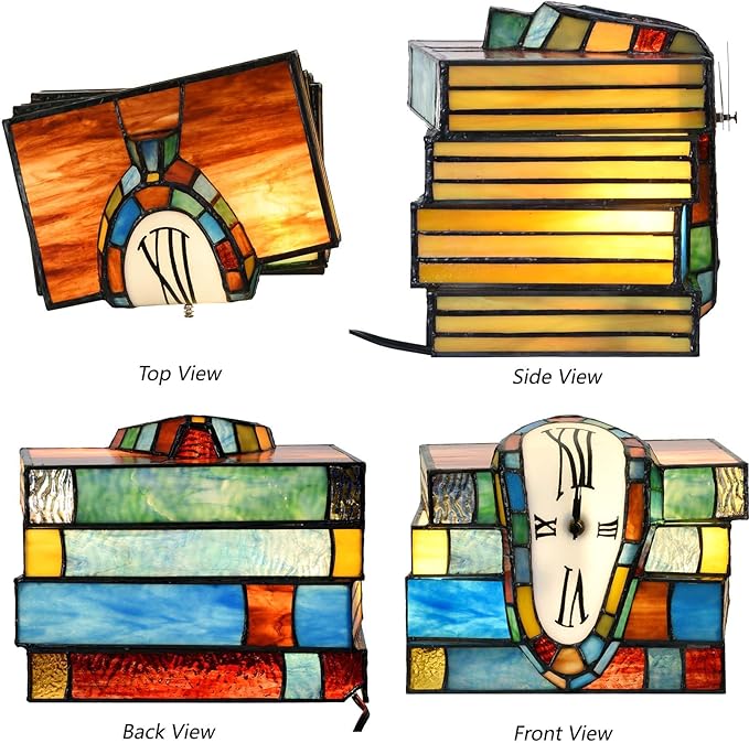 Bieye L12015 Melting Clock Draped Over a Stack of Books Tiffany Style Stained Glass Accent Table Lamp for Home Decoration