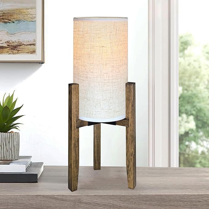 Bedside Table Lamp for Bedroom, Nightstand Wood Lamp with Cream Linen Shade, Modern Accent Desk Light 17.5" H for Living Room, Nursery