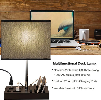 Briever USB Table Lamp, Multi-Functional Bedside Desk Lamp with 2 AC Outlets, 3 USB Charging Ports and Wooden Phone Stand Organizer, Ideal Nightstand Lamp for Bedroom, Black Shade