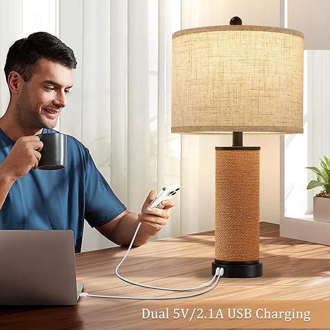GyroVu Set of 2 Rattan Table Lamps for Living Room with USB C+A Ports, Multi Color Temperature Nightstand Bedside Lamp Rocker Switch Coastal Lamps for Bedroom, Wicker Lamps (2 Bulbs Included)