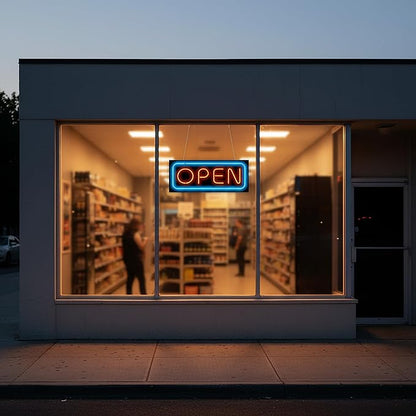 Deluxe Neon Open Sign with Border - Large Size - 32" wide x 13" high - Real, Quality Hand Bent Neon Sign - Red Letters with a Blue Outer Border
