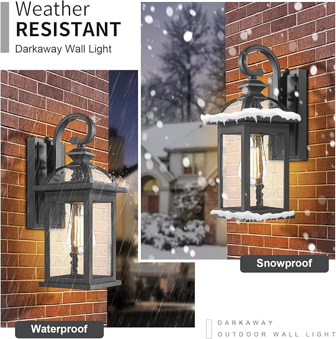 Darkaway Dusk to Dawn Outdoor Lights Fixture Wall Mount, Exterior Wall Light with Seeded Glass Waterproof Black Outside Wall Sconce for House Porch Hallway Garage