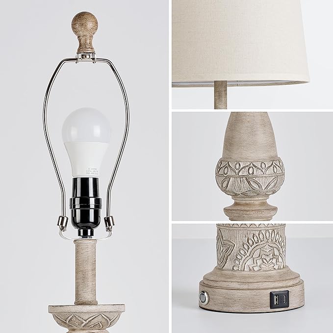 Table Lamps for Living Room Set of 2 Farmhouse Bedroom Lamps with USB C+A Charging Ports Touch Bedside Lamps for Nightstand,2 Bulbs Included