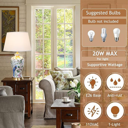 White Flower & Bird Ceramic Table Lamp,Hand-Painted Chinoiserie Lamp, Fabric Lampshade Nightstand Lamp for Bedroom Living Room Office College Bookcase