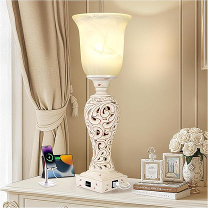 20" Bedside Lamp for Bedroom, Torchiere Table Lamp with 2 USB Charging Ports, Vintage Desk Lamp with Glass Shade, 3-Way Dimmable Bulb Included, Retro Rustic Nightstand Lamp for Living Room Entryway