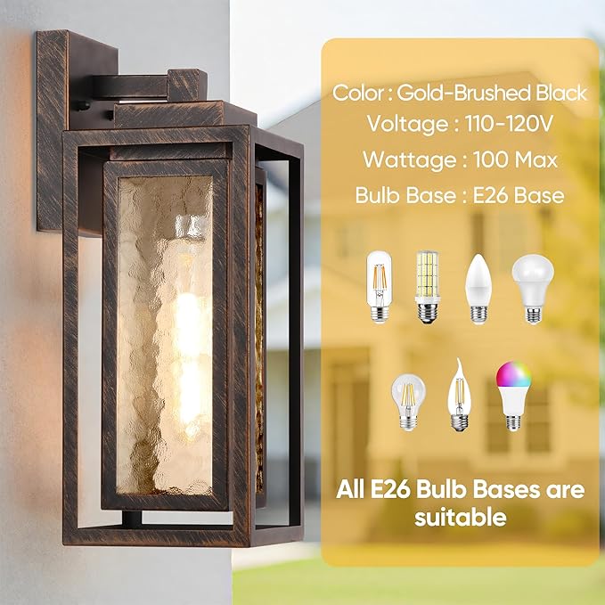 Water Ripple Exterior Porch Light Fixture, 2 Pack Outdoor Wall Lantern Black Gold, Wall Mount Lamp, Waterproof Exterior Lighting Fixtures, Outside Garage Sconce Lighting, for Doorway Outdoor Indoor