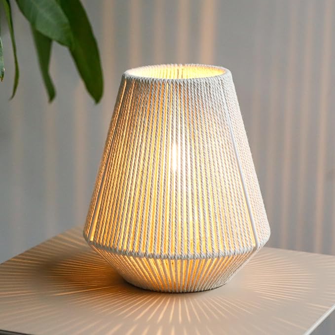JHY DESIGN Woven Lampshade Table Lamp 8"H Cotton Rope Bedside Lamp Cordless Small Battery Operated Lamp Decorative Bedside Lamp with 6 Hours Timer for Bedroom Living Room Weddings Parties Patio Events