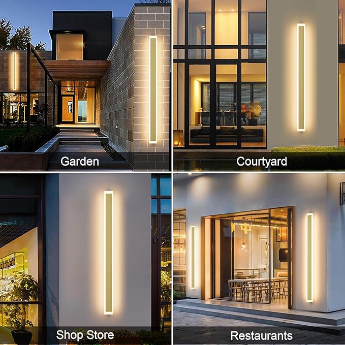 Aipsun Outdoor Lights 2 Pack,Modern Outdoor Wall Light Fixture Long Strip LED Wall Sconce IP65 Anti Rust Warm Light 3000K Gold Exterior Wall Mount Lights for Entrance, Hallway, Garage, Porch