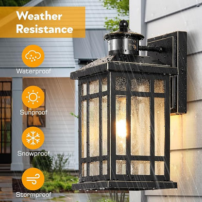 Motion Sensor Outdoor Lights, Black Dusk to Dawn Outdoor Lighting with Tempered Glass, Aluminum Waterproof Anti-Rust Outside Wall Light Fixtures, Adjustable Sensitivity & Brightness, Hardwired