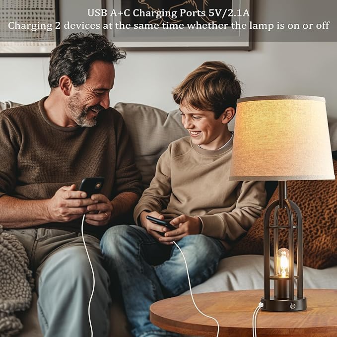 24" Table Lamps for Living Room Set of 2, Farmhouse Industrial 3-Way Dimmable Touch Bedside Lamps with USB A+C for Bedroom Nightstand，4 Bulbs Included