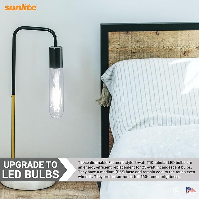 Sunlite LED Filament T10 Tubular Light Bulb, 2 Watts (25W Equivalent), 160 Lumens, Medium E26 Base, 120 Volts, Dimmable, 90 CRI, UL Listed, Clear, 5000K Daylight, 10 Pack