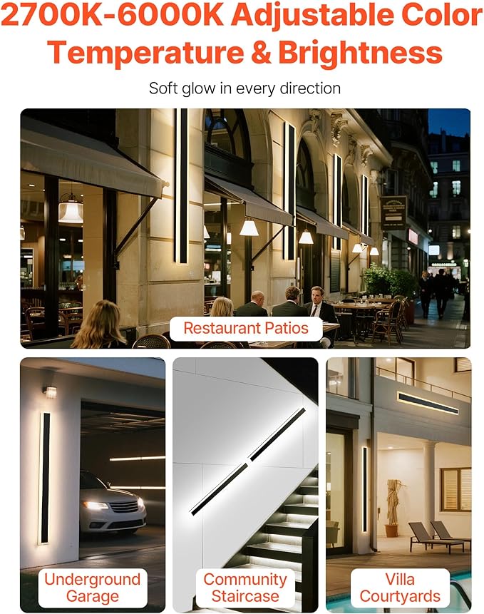 VEVOR Outdoor Wall Lights, 2 Pack, 47.2 Inch Long Strip Modern Exterior Wall Sconce Light Fixtures, 2700K-6000K, IP65 Waterproof Anti-Rust, Dimmable Outside Wall Mount Lighting, for House Porch Garage