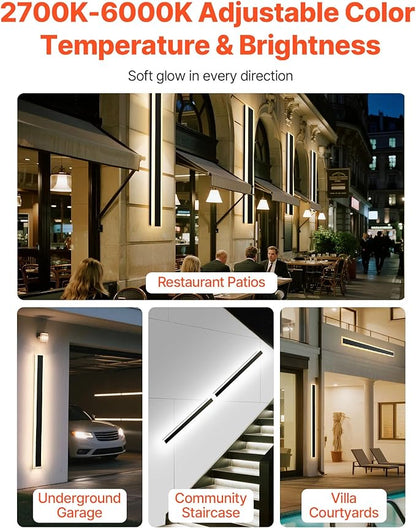 VEVOR Outdoor Wall Lights, 2 Pack, 47.2 Inch Long Strip Modern Exterior Wall Sconce Light Fixtures, 2700K-6000K, IP65 Waterproof Anti-Rust, Dimmable Outside Wall Mount Lighting, for House Porch Garage