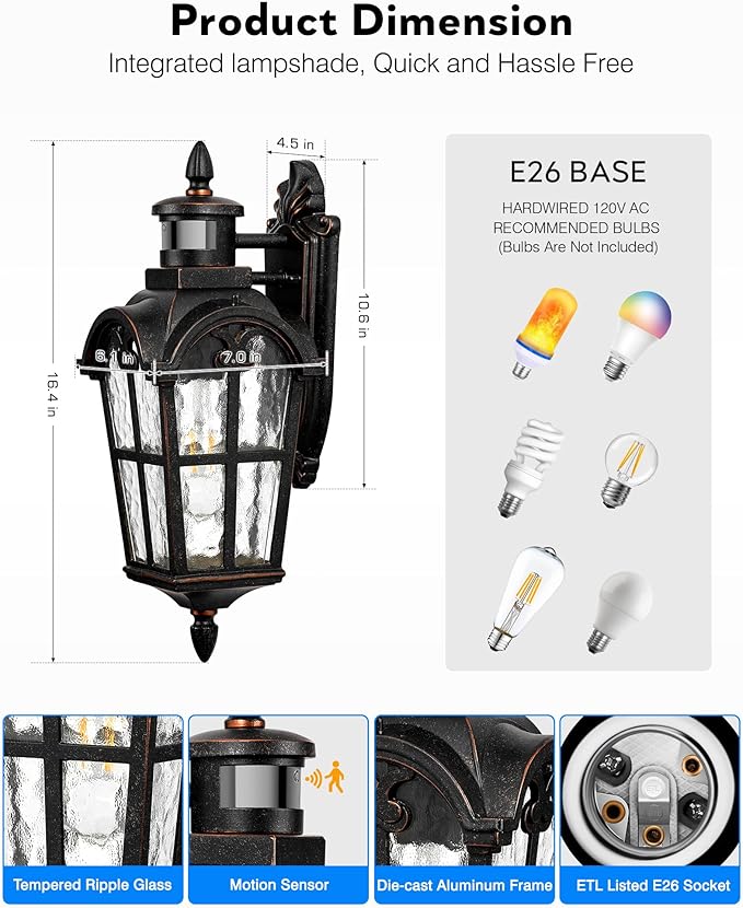VIANIS 16.4" Outdoor Motion Sensor Light, 2 Pack Vintage ORB Porch Lights Outdoor Lantern, Dusk to Dawn Outside Light Fixtures Wall Mount, Aluminum Exterior Lighting Fixtures for House, Garden, Patio