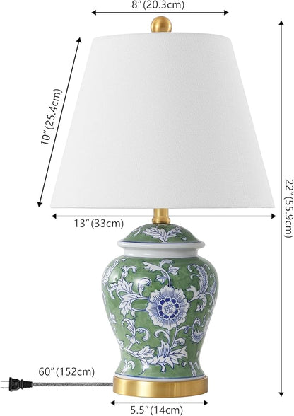 JONATHAN Y JYL3005E Penelope 22" French Country Cottage Ceramic/Iron Chinoiserie Ginger Jar LED Table Lamp, Green/White for Bedroom, Living Room, Office, College