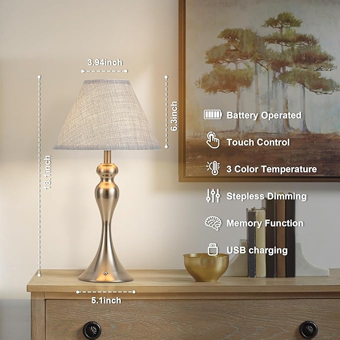 Rechargeable Cordless Table Lamps, Battery Operated Lamp with Fabric Shade for Decor, 3 Color Stepless Dimming LED Table Light, Nightstand Lamp for Nursery, Bedroom, Living Room, Home Office (Nickel)