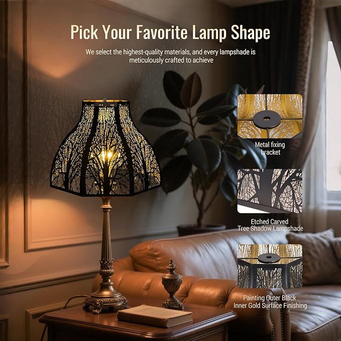 Metal Black and Gold lamp shades for floor lamps for bedroom or living room, 8-petal lotus lamp shape drum lamp shades, corner floor fan lamp with spider fitter (5.32" top x 13" bottom x 9.5" high)