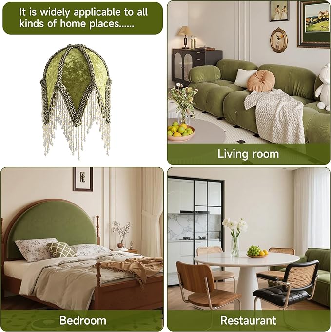 Tassel lampshade - Retro country style green bead tassel lampshade,18cm artistic atmosphere replacement lamp accessory for living room