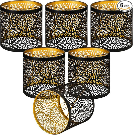 ALUCSET 6pcs Small Lamp Shades, Chandelier Shades Clip on Bulb, 5.1 x 5.1in Metal Lamp Shades Replacement, Mini Cylinder Lampshade, Black Gold Clip on Lamp Shade for Pendant Light Wall Sconces