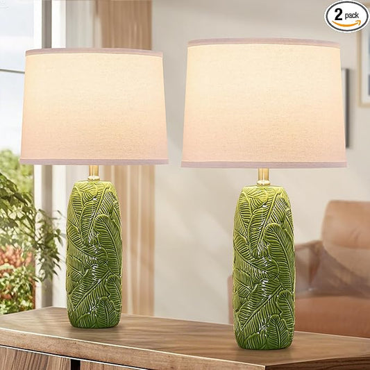 25” Green Lamps Set of 2 with Leaves Design for Living Room, Bedroom, Retro Ceramic Table Lamps for Nightstand Set of 2