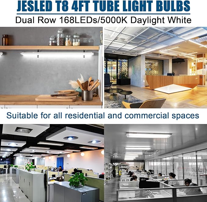 JESLED 4FT LED T8 Type A+B Tube Lights, 24W(65W Equivalent), 3200LM, 5000K, Single or Double End Powered, Plug and Play or Ballast Bypass, 4 Foot T10 T12 Fluorescent Bulbs Replacement, Clear(4-Pack)