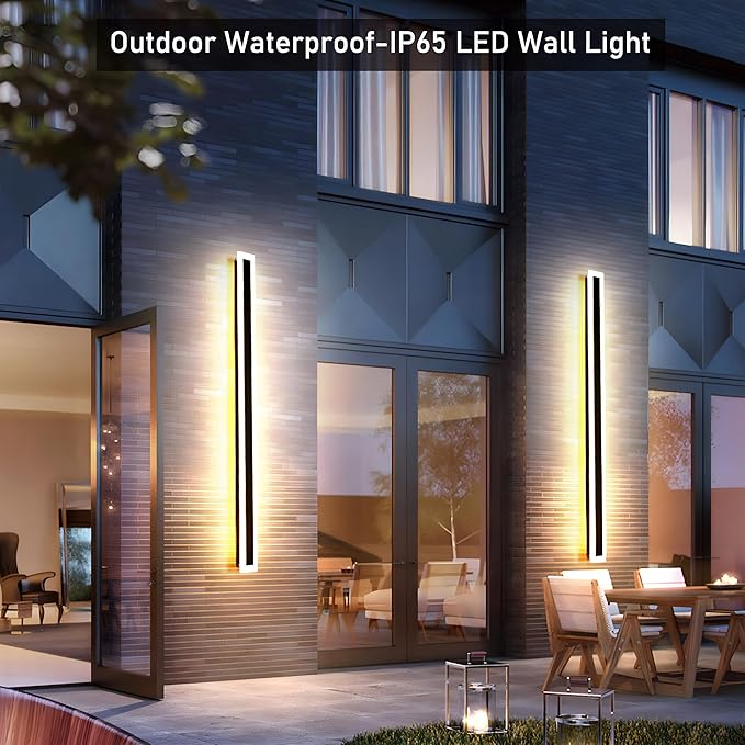 2Pack 31.5inch Long Outdoor Modern LED Wall Light,24W Waterproof IP65 Warm White 110V led Wall Mount Lighting Fixture Rectangular Black Wall Lights Elegant Frosted White Acrylic Anti Rust