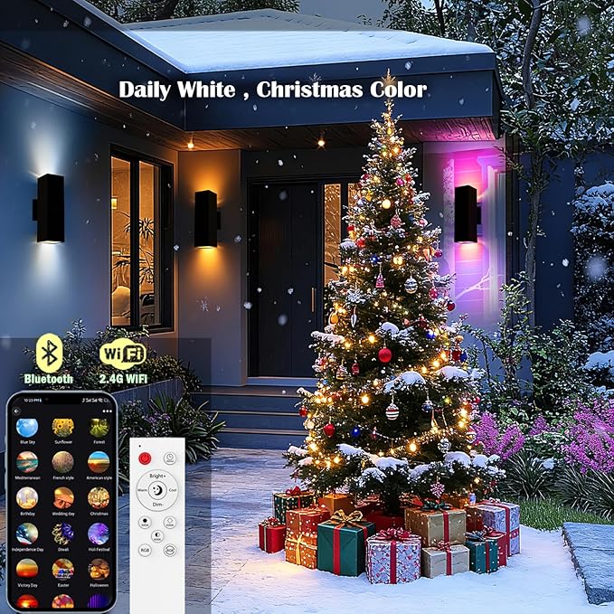 Tunable White Exterior Wall Light Fixtures 1200lm, RGB Color Up Down Outdoor Lights 2 Pack,Modern Dusk to Dawn Outdoor Lighting - Smart Outside Wall Lights for Garage,Porch（UL Listed