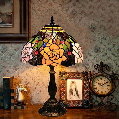 Tiffany Style Table Lamp, 12 Inch Stained Glass Lamp, Antique Table Lamp, Bedside Lamp, for Nightstand Bedroom Living Room Home Office, Rose Flower Pattern, Include LED Bulb