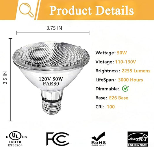 Par30 Short Neck Halogen Flood Light Bulbs, 50W120V 2700K Warm White Dimmable High Brightness, E26 Base, Great for Accent Lighting, Tracking, Recessed Bulb, 6pcs