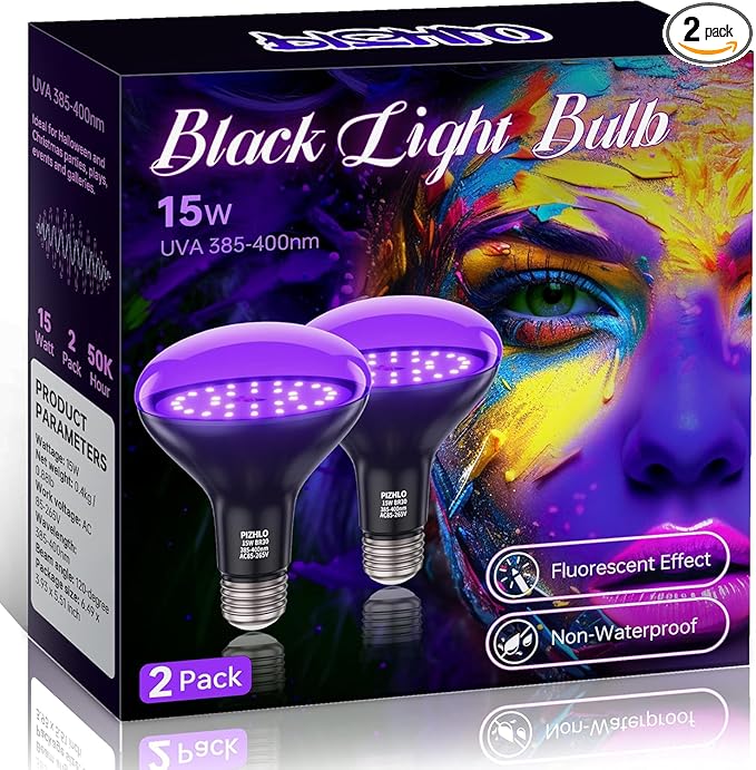2 Pack 15W LED Black Light Bulbs, BR30 E26 Black Shell Blacklight LED Bulb, 385-400nm, Glow in The Dark for Blacklight Party, Body Paint, Fluorescent Poster, Halloween Decoration