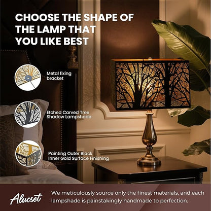 ALUCSET Rectangular Small Lamp Shade with Etched Forest Pattern, Metal Lampshade (12.5+6.8)'' Top and Bottom X 8'' Height, Vintage Replacement Light Cover for Table Floor Lamps