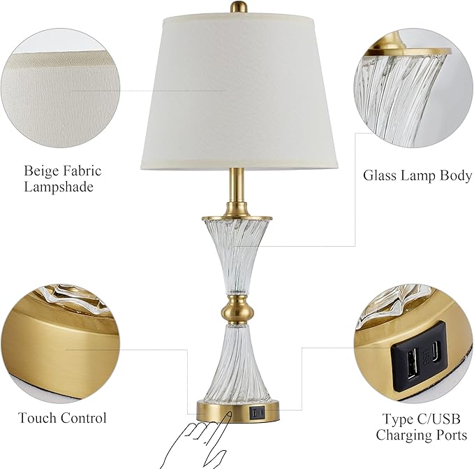 27" Bedroom Lamps Set of 2, Gold Glass Touch Lamps with USB C+A Ports, 3-Way Dimmable Light Fixture for Nightstand, Modern Table Side Lighting for Living Room, 2 Bulbs Included