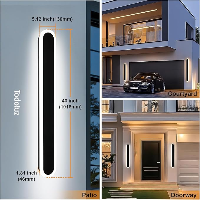 TODOLUZ 2-Pack 40-Inch Long Linear Oudoor Wall Sonce, IP65 Waterproof Modern Wall Light Fixture with Build-in Integrated LED & 5 Color (3000K/3500K/4500K/5000K) for House Front Door Garage