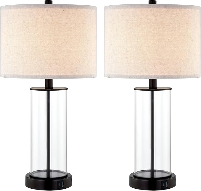 Kyrid 23.5'' Glass Table Lamp Set of 2 for Living Room with USB Ports and AC Outlets(Bulbs Included)