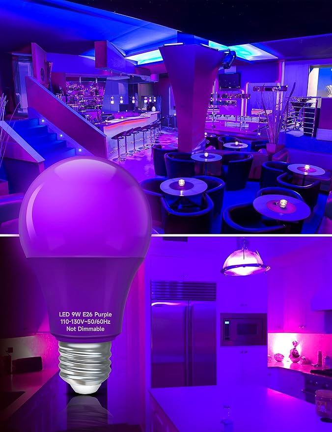 UNILAMP A19 Purple Light Bulb, 9W Equivalent 60Watt, Purple LED Bulb, LED Orange Colored Light Bulbs, E26 Base for Christmas Halloween, Party Decoration, Holiday Lighting, Non Dimmable, 4 Pack
