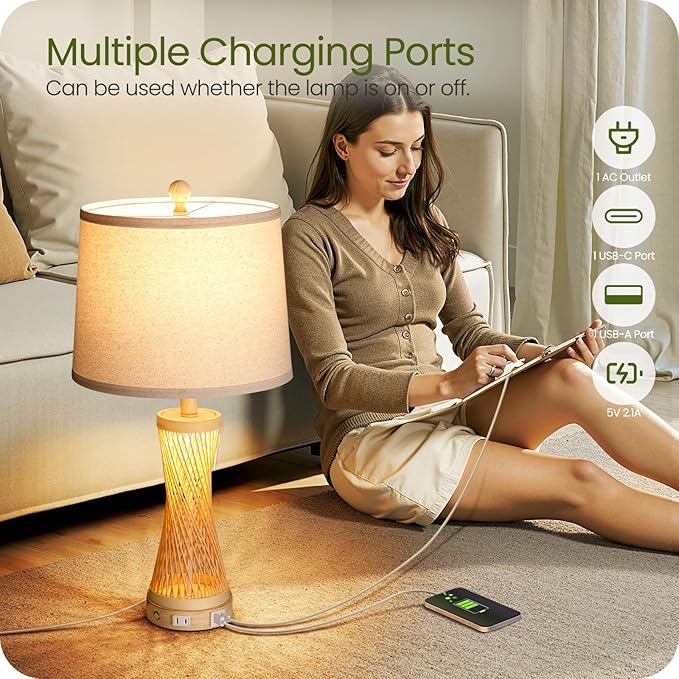 24.4”Farmhouse Rattan Table Lamps Set of 2, Touch Bedside Lamps for Bedroom with Dimmable Night Light, USB A+C Ports, Bamboo Boho Nightstand Lamp with Cream Linen Shade, C04TL05