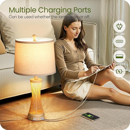 24.4”Farmhouse Rattan Table Lamps Set of 2, Touch Bedside Lamps for Bedroom with Dimmable Night Light, USB A+C Ports, Bamboo Boho Nightstand Lamp with Cream Linen Shade, C04TL05