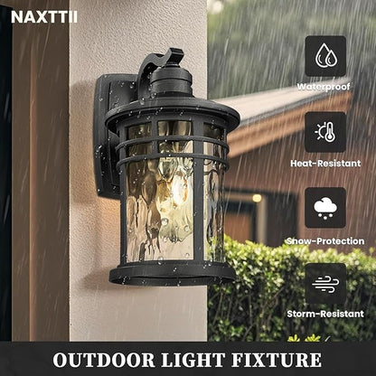 Exterior Lighting Fixture 12 Inch Outdoor Wall Lights Modern Porch Light with Water Ripple Glass Black Finish E26 Socket 2-Pack