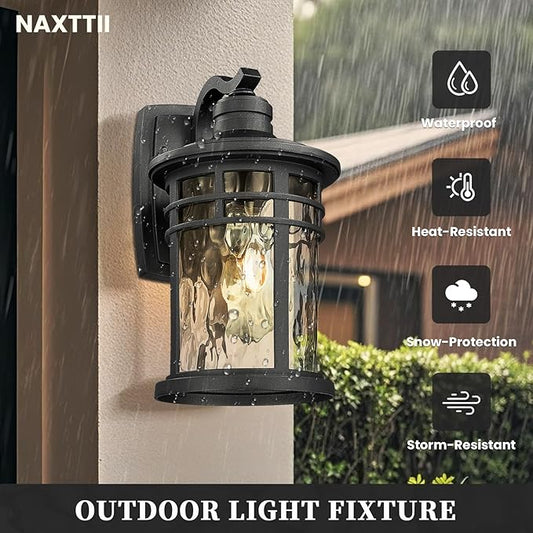 Exterior Lighting Fixture 12 Inch Outdoor Wall Lights Modern Porch Light with Water Ripple Glass Black Finish E26 Socket 2-Pack